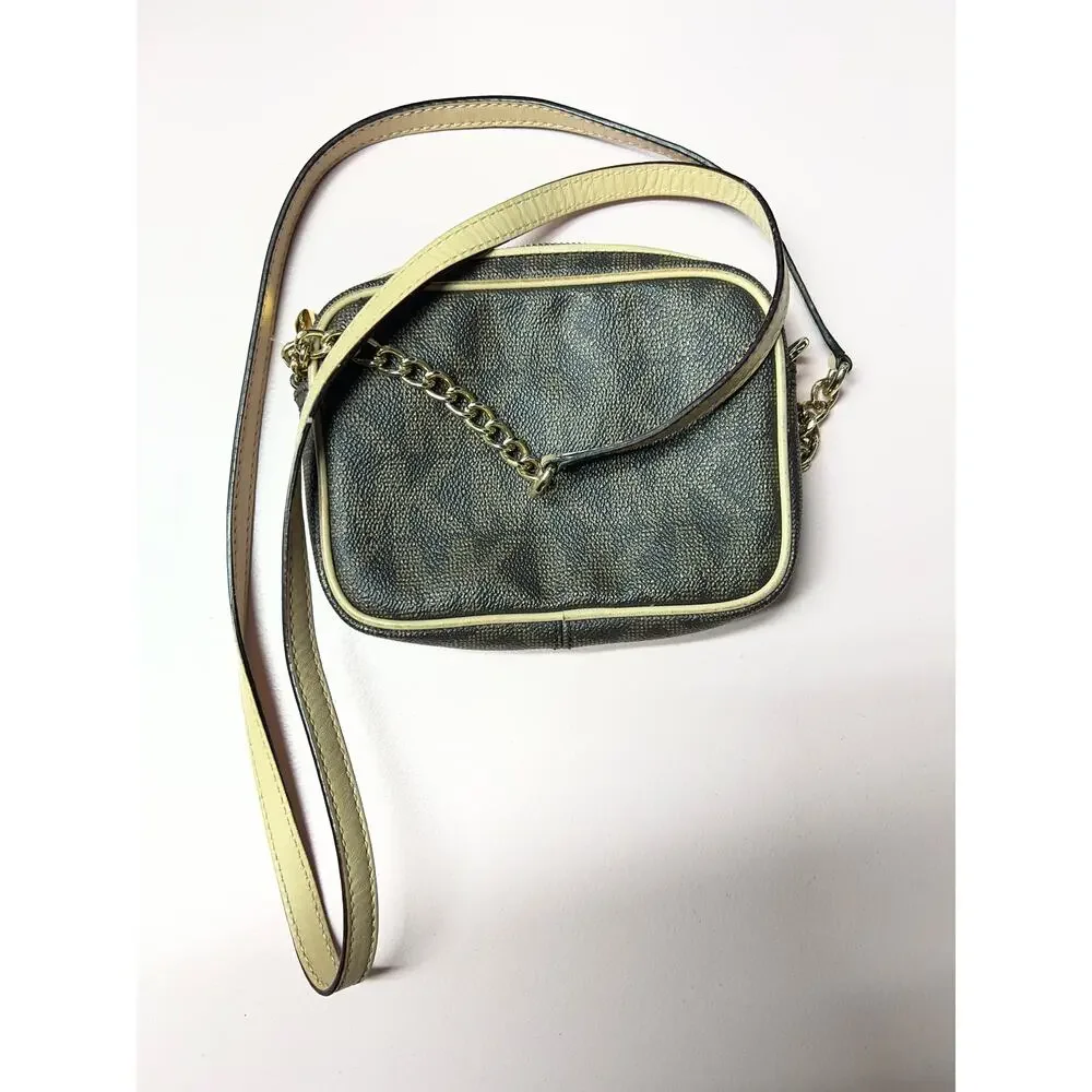 Michael Kors Monogram Small Crossbody Brown Beige Zip Chain Strap Gold Hardware